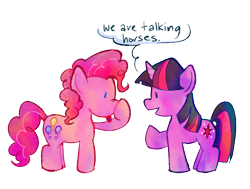 Size: 1107x835 | Tagged: safe, artist:sunfishingart, imported from derpibooru, pinkie pie, twilight sparkle, earth pony, pony, unicorn, :p, boop, nose wrinkle, open mouth, open smile, self-boop, simple background, smiling, speech bubble, tongue out, transparent background, unicorn twilight