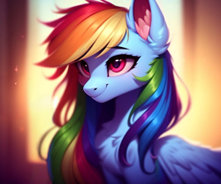 Size: 1536x1280 | Tagged: safe, editor:nightluna, imported from derpibooru, rainbow dash, pegasus, pony, abstract background, ai content, ai generated, chest fluff, ear fluff, eyebrows, eyelashes, female, generator:purplesmart.ai, generator:stable diffusion, mare, messy mane, prompter:nightluna, smiling, solo, wings