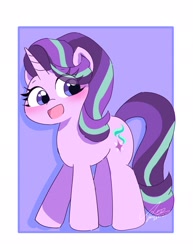 Size: 1585x2048 | Tagged: safe, artist:leo19969525, imported from derpibooru, starlight glimmer, pony, unicorn, blushing, female, hair, horn, mane, mare, open mouth, open smile, purple eyes, simple background, smiling, solo, tail