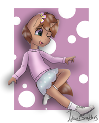 Size: 1693x2110 | Tagged: safe, artist:itwasscatters, imported from derpibooru, oc, oc only, oc:heroic armour, anthro, plantigrade anthro, unicorn, brown coat, brown mane, brown tail, clothes, colt, crossdressing, cute, flower, flower in hair, foal, horn, male, one eye closed, shoes, simple background, skirt, smiling, solo, sweater, tail