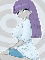 Size: 1668x2224 | Tagged: safe, alternate version, artist:batipin, imported from derpibooru, maud pie, human, equestria girls, barefoot, breasts, busty maud pie, clothes, eyeshadow, feet, female, makeup, shirt, shorts, solo