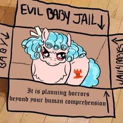 Size: 1280x1280 | Tagged: safe, artist:amendokat, imported from derpibooru, cozy glow, pegasus, pony, angry, box, evil, female, filly, foal, frown, gay baby jail, pony in a box, pure concentrated unfiltered evil of the utmost potency, pure unfiltered evil, solo