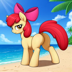 Size: 2500x2500 | Tagged: safe, alternate version, imported from derpibooru, apple bloom, earth pony, pony, ai content, ai generated, aside glance, beach, blank flank, bloom butt, blushing, butt, dock, featureless crotch, female, filly, foal, generator:stable diffusion, looking at you, palm tree, plot, sand, smiling, solo, tail, tree