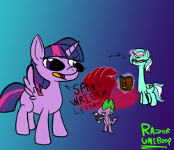 Size: 2238x1927 | Tagged: safe, artist:razoruniboop, imported from derpibooru, lyra heartstrings, spike, twilight, twilight sparkle, alicorn, dragon, book, dark magic, fanart, funny, funny face, g1, gradient background, hand, letter, magic, pentagram, small, twilight sparkle (alicorn)