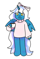 Size: 675x986 | Tagged: safe, imported from derpibooru, oc, oc only, oc:fleurbelle, alicorn, anthro, alicorn oc, bow, clothes, cup, female, hair bow, horn, mare, simple background, solo, sweater, transparent background, wings, yellow eyes