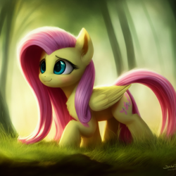 Size: 1024x1024 | Tagged: safe, imported from derpibooru, fluttershy, pegasus, pony, ai content, ai generated, blushing, chest fluff, cute, ear fluff, female, fluffy, folded wings, forest, generator:stable diffusion, grass, mare, shyabetes, smiling, solo, wings