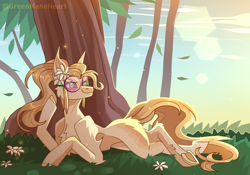 Size: 4000x2800 | Tagged: safe, artist:greenmaneheart, imported from derpibooru, oc, oc only, oc:gwen, earth pony, pony, earth pony oc, female, flower, flower in hair, glasses, leaves, looking back, lying down, mare, prone, solo, sunglasses, tree