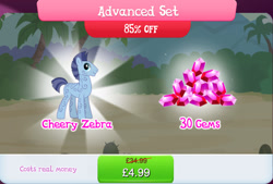 Size: 1270x858 | Tagged: safe, imported from derpibooru, bundle, cheery zebra, costs real money, english, gameloft, gem, male, mobile game, my little pony: magic princess, numbers, official, sale, solo, solo focus, stallion, text, unnamed character, unnamed zebra