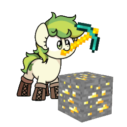Size: 1000x1000 | Tagged: safe, artist:sugar morning, imported from derpibooru, part of a set, oc, oc only, oc:karakusa, earth pony, animated, boots, earth pony oc, female, filly, foal, gold, gold diamond pickaxe, gold ore, minecraft, ore block, pickaxe, shoes, simple background, solo, sugar morning's miners, transparent background