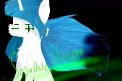 Size: 1280x853 | Tagged: artist needed, safe, imported from derpibooru, oc, oc only, oc:snowflake white, pony, unicorn, black background, blue, bust, calm, eyes closed, green, horn, portrait, simple background, solo, unicorn oc, white