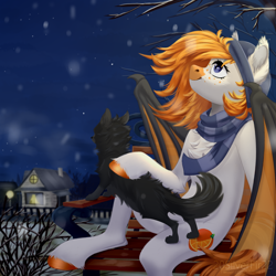 Size: 3000x3000 | Tagged: safe, artist:silverfir, imported from derpibooru, oc, oc only, bat pony, cat, pony, bat pony oc, bench, chest fluff, clothes, ear fluff, fluffy, food, freckles, hooves, house, night, orange, raised hoof, scarf, sitting, smiling, snow, snowfall, solo, stars, striped scarf, tree, winter, winter outfit