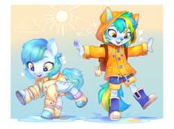 Size: 3348x2480 | Tagged: safe, artist:sofiko-ko, imported from derpibooru, oc, oc only, oc:siriusnavigator, oc:siriusnavigator(alicorn), anthro, pegasus, pony, boots, clothes, female, furry, jacket, open mouth, open smile, puddle, rain, raincoat, self paradox, self ponidox, shoes, smiling