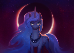 Size: 2271x1622 | Tagged: safe, artist:kinax, imported from derpibooru, princess luna, alicorn, pony, blue eyes, blue mane, blue tail, crepuscular rays, crescent moon, digital art, ethereal mane, female, flowing mane, folded wings, galaxy, high res, horn, looking at you, mare, moon, moonlight, night, peytral, signature, smiling, smiling at you, solo, space, sparkles, starry mane, starry tail, stars, tail, wings