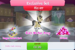 Size: 1270x860 | Tagged: safe, imported from derpibooru, pristine, pony, unicorn, bowtie, bundle, cake, clothes, costs real money, cupcake, english, facial hair, food, gameloft, gem, gemstones, horn, male, mobile game, moustache, my little pony: magic princess, numbers, official, pie, sale, solo, solo focus, stallion, text