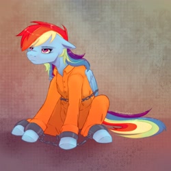 Size: 4096x4096 | Tagged: safe, artist:ximsketchs, imported from derpibooru, rainbow dash, bound wings, chained, chains, clothes, commissioner:rainbowdash69, cuffs, frustrated, jumpsuit, never doubt rainbowdash69's involvement, prison outfit, prisoner rd, shackles, sitting, solo, wings