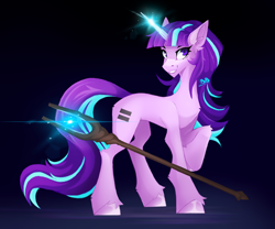 Size: 3000x2500 | Tagged: safe, artist:buvanybu, imported from derpibooru, starlight glimmer, pony, unicorn, the cutie map, equal cutie mark, female, glowing, glowing horn, horn, mare, purple eyes, raised hoof, s5 starlight, smiling, solo, staff, staff of sameness, wrong eye color