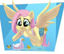 Size: 1920x1620 | Tagged: safe, artist:whitequartztheartist, imported from derpibooru, fluttershy, anthro, bird, duck, pegasus, clothes, denim, denim shorts, duckling, flying, looking down, shirt, shorts, simple background, solo, tanktop, underhoof, water