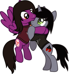 Size: 1369x1468 | Tagged: safe, artist:lightningbolt, derpibooru exclusive, imported from derpibooru, pegasus, pony, unicorn, .svg available, bipedal, bipedal leaning, clothes, disguise, disguised siren, duo, duo male, flying, happy, horn, hug, kellin quinn, leaning, male, nose piercing, pierce the veil, piercing, ponified, shirt, show accurate, simple background, sleeping with sirens, slit pupils, spread wings, stallion, svg, t-shirt, tongue out, transparent background, vector, vic fuentes, wings