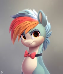 Size: 1700x2000 | Tagged: safe, artist:luminousdazzle, imported from derpibooru, oc, oc only, earth pony, pony, bowtie, bust, commission, earth pony oc, looking at you, portrait, smiling, smiling at you, solo