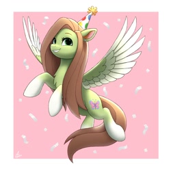 Size: 2000x2000 | Tagged: safe, artist:luminousdazzle, imported from derpibooru, oc, oc only, oc:lumi, pegasus, pony, chest fluff, confetti, ear piercing, female, flying, freckles, gradient hooves, hat, mare, party hat, pegasus oc, piercing, smiling, solo, spread wings, wings