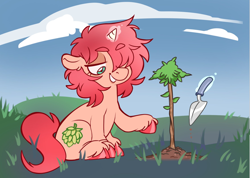 Size: 1758x1250 | Tagged: safe, artist:shoobular, imported from derpibooru, oc, oc only, oc:amber haze, pony, unicorn, cloud, commission, female, glowing, glowing horn, grass, hair over one eye, horn, levitation, lidded eyes, looking down, magic, magic aura, outdoors, plant, planting, raised hoof, sitting, smiling, solo, tail, telekinesis, trowel, unicorn oc, unshorn fetlocks