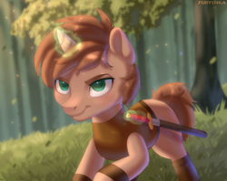 Size: 2146x1717 | Tagged: safe, artist:furryushka, imported from derpibooru, oc, oc only, oc:heroic armour, pony, unicorn, boots, clothes, colt, confident, foal, forest, glowing, glowing horn, horn, magic, male, shoes, solo, sword, telekinesis, tree, unicorn oc, weapon