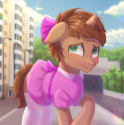 Size: 1916x1923 | Tagged: safe, artist:furryushka, imported from derpibooru, oc, oc only, oc:heroic armour, pony, unicorn, blushing, bow, clothes, colt, crossdressing, dress, floppy ears, foal, hair bow, horn, male, shy, smiling, socks, solo, thigh highs, unicorn oc