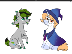 Size: 2160x1620 | Tagged: safe, artist:lambydwight, imported from derpibooru, oc, oc:aurelion, oc:forest rain, deer, deer pony, earth pony, original species, pony, unicorn, cape, clothes, deer oc, glasses, hat, horn, non-pony oc, simple background, unicorn oc, white background