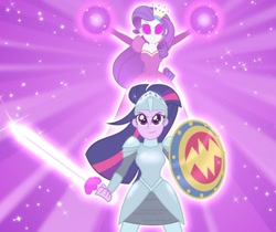 Size: 1070x897 | Tagged: safe, artist:limedazzle, edit, imported from derpibooru, rarity, twilight sparkle, human, equestria girls, armor, clothes, crown, dc comics, dc superhero girls, dress, glowing, glowing eyes, gown, jewelry, knight, magic, power, regalia, scene interpretation, shield, shiny, sword, weapon, wonder woman, zatanna