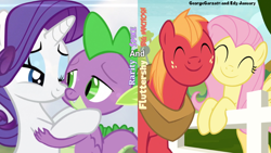 Size: 1920x1080 | Tagged: safe, anonymous artist, artist:edy_january, artist:georgegarza01, edit, edited screencap, imported from derpibooru, screencap, big macintosh, fluttershy, rarity, spike, dragon, earth pony, pegasus, pony, eyes closed, female, fence, fluttermac, holding each other, looking at each other, looking at someone, male, mare, nuzzling, shipping, smiling, smiling at each other, sparity, stallion, straight