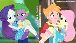 Size: 1920x1080 | Tagged: safe, anonymous artist, artist:edy_january, artist:georgegarza01, edit, edited screencap, imported from derpibooru, screencap, big macintosh, fluttershy, rarity, spike, human, equestria girls, bedroom eyes, bridal carry, carrying, female, fluttermac, fluttershy boho dress, human spike, humanized, looking at each other, looking at someone, male, rarity peplum dress, shipping, smiling, smiling at each other, sparity, straight