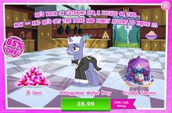 Size: 1964x1297 | Tagged: safe, imported from derpibooru, earl grey, pony, unicorn, advertisement, bowtie, cake, cake slice, chair, clothes, costs real money, cushion, english, facial hair, food, gameloft, gem, horn, male, mobile game, moustache, my little pony: magic princess, numbers, official, sale, solo, solo focus, stallion, stool, suit, table, teapot, text