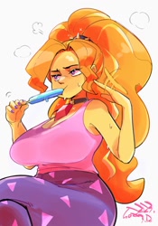 Size: 1400x2000 | Tagged: safe, artist:sozglitch, imported from derpibooru, adagio dazzle, human, equestria girls, big breasts, breasts, busty adagio dazzle, eating, fanning, female, food, hot, huge breasts, popsicle, simple background, solo, sweat, white background