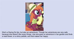 Size: 1678x899 | Tagged: safe, edit, edited screencap, imported from derpibooru, screencap, sweet pepper, pegasus, pony, stranger than fan fiction, /mlp/, 4chan, clothes, costume, daring do costume, female, folded wings, hat, mare, pith helmet, shirt, sitting, smiling, text, wings