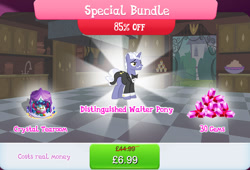 Size: 1264x857 | Tagged: safe, imported from derpibooru, earl grey, pony, unicorn, bowtie, bundle, cake, cake slice, chair, clothes, costs real money, cushion, english, facial hair, food, gameloft, gem, horn, male, mobile game, moustache, my little pony: magic princess, numbers, official, sale, solo, solo focus, stallion, stool, suit, table, teapot, text