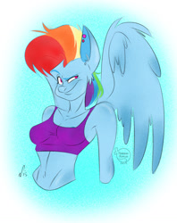 Size: 1227x1551 | Tagged: dead source, safe, alternate version, artist:feathers-ruffled, imported from derpibooru, rainbow dash, anthro, pegasus, 2015, belly button, breasts, bust, cleavage, clothes, ear piercing, eyebrows, female, mare, piercing, raised eyebrow, smiling, smirk, solo, sports bra, spread wings, wings