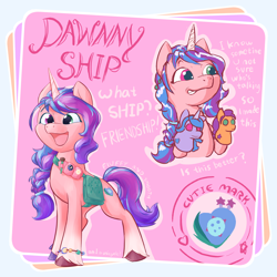 Size: 4500x4500 | Tagged: safe, artist:felldeal, imported from derpibooru, izzy moonbow, sunny starscout, oc, oc:dawnny ship, pony, unicorn, bag, bracelet, braid, coat markings, cute, female, friendship bracelet, fusion, g5, grin, heterochromia, horn, jewelry, mare, ocbetes, open mouth, open smile, paintbrush, saddle bag, smiling, sock puppet, socks (coat markings), toolbelt, unicorn oc