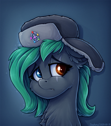 Size: 968x1095 | Tagged: safe, artist:zeepheru_pone, imported from derpibooru, oc, oc only, oc:colour field, earth pony, pony, chest fluff, earth pony oc, eye scar, facial scar, female, floppy ears, hat, heterochromia, looking at you, mare, sad, scar, solo, ushanka