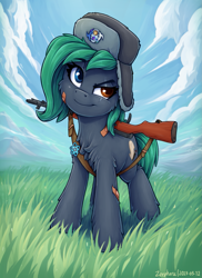 Size: 1249x1712 | Tagged: safe, artist:zeepheru_pone, imported from derpibooru, oc, oc only, oc:colour field, earth pony, pony, bandaid, chest fluff, cloud, earth pony oc, eye scar, facial scar, female, grass, grass field, gun, hat, heterochromia, looking at you, mare, rifle, scar, sks, sky, smiling, solo, ushanka, weapon