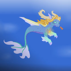 Size: 1024x1029 | Tagged: safe, artist:abbi--arson, imported from derpibooru, oc, oc only, fish, hybrid, merpony, seapony (g4), blue background, blue eyes, crepuscular rays, digital art, fangs, female, fin wings, fins, fish tail, flowing mane, flowing tail, gem, glowing, green eyes, hybrid oc, mare, ocean, orange mane, scales, simple background, solo, sunlight, swimming, tail, underwater, water, wings