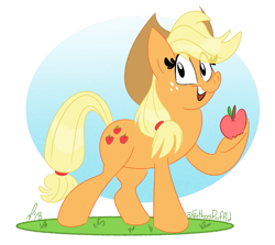 Size: 865x772 | Tagged: safe, artist:feathers-ruffled, imported from derpibooru, applejack, earth pony, pony, 2018, apple, applejack's hat, cowboy hat, female, food, freckles, grass, hat, looking at you, mare, open mouth, open smile, raised hoof, signature, smiling, solo, tail