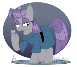 Size: 818x713 | Tagged: safe, artist:feathers-ruffled, imported from derpibooru, maud pie, earth pony, pony, 2018, boulder (g4), clothes, female, frock coat, lidded eyes, looking down, mare, raised hoof, rock, signature, tail