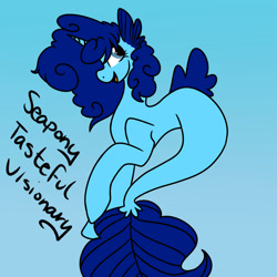 Size: 1024x1024 | Tagged: safe, artist:mischievousartist, imported from derpibooru, oc, oc only, pony, seapony (g4), unicorn, blue eyes, blue mane, blue tail, digital art, dorsal fin, female, fish tail, flowing mane, flowing tail, horn, mare, ocean, open mouth, open smile, seaponified, smiling, solo, species swap, swimming, tail, underwater, water