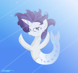 Size: 661x622 | Tagged: safe, artist:abbi--arson, imported from derpibooru, oc, oc only, merpony, pony, seapony (g4), unicorn, blue eyes, blue mane, crepuscular rays, eyelashes, female, fish tail, flowing mane, horn, lidded eyes, looking at you, mare, ocean, seaponified, signature, smiling, smiling at you, solo, sparkles, species swap, sunlight, swimming, tail, underwater, water