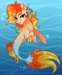 Size: 865x1050 | Tagged: safe, artist:faryawolf, imported from derpibooru, oc, oc only, earth pony, merpony, seapony (g4), blue eyes, bubble, commission, coral, crepuscular rays, cute, digital art, dorsal fin, eyelashes, fins, fish tail, flowing mane, flowing tail, looking at you, ocean, orange mane, orange tail, seaponified, smiling, smiling at you, solo, species swap, sunlight, swimming, tail, underwater, water