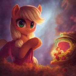 Size: 1024x1024 | Tagged: safe, imported from derpibooru, applejack, earth pony, pony, ai content, ai generated, apple, blushing, cute, female, food, generator:stable diffusion, jackabetes, looking at you, mare, smiling, smiling at you, solo