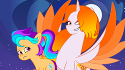 Size: 9663x5408 | Tagged: safe, artist:shootingstarsentry, imported from derpibooru, daybreaker, oc, oc:shimmer starblazer, alicorn, earth pony, pony, absurd resolution, earth pony oc, female, g4, g4 to g5, g5, generation leap, mare, offspring, parent:hitch trailblazer, parent:sunny starscout, parents:sunnyhitch