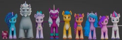 Size: 1758x578 | Tagged: safe, imported from derpibooru, hitch trailblazer, izzy moonbow, opaline arcana, pipp petals, queen haven, sunny starscout, zipp storm, alicorn, armadillo, earth pony, pegasus, pony, unicorn, spoiler:g5, 3d, alphabittle blossomforth, blender, female, freckles, full body, g5, gameloft, height difference, line-up, male, mane five (g5), mare, misty brightdawn, multicolored mane, my little pony: mane merge, pipp is short, size comparison, size difference, stallion, t pose, unshorn fetlocks