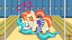 Size: 3840x2160 | Tagged: safe, artist:ejlightning007arts, imported from derpibooru, lighthoof, shimmy shake, earth pony, pony, 2 4 6 greaaat, blushing, eyes closed, eyeshadow, female, floating heart, heart, kiss on the lips, kissing, lesbian, locker room, love, lying down, makeup, making out, mare, on the floor, ponytail, romantic, shimmyhoof, shipping