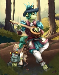 Size: 693x875 | Tagged: safe, artist:mazinga669, imported from derpibooru, sandbar, anthro, earth pony, unguligrade anthro, backpack, bard, crossover, dungeons and dragons, eyes closed, fantasy, fantasy class, forest, lute, medieval, pen and paper rpg, rpg, solo